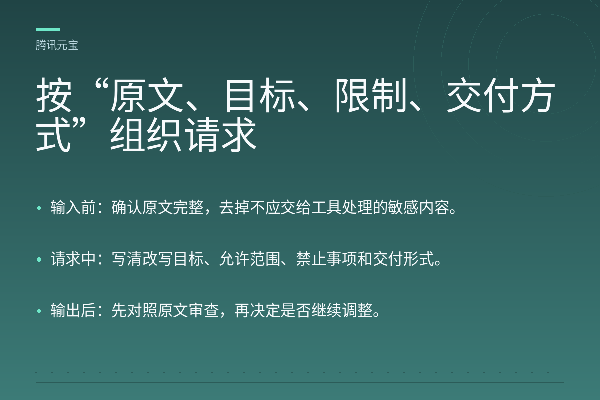 按“原文、目标、限制、交付方式”组织请求