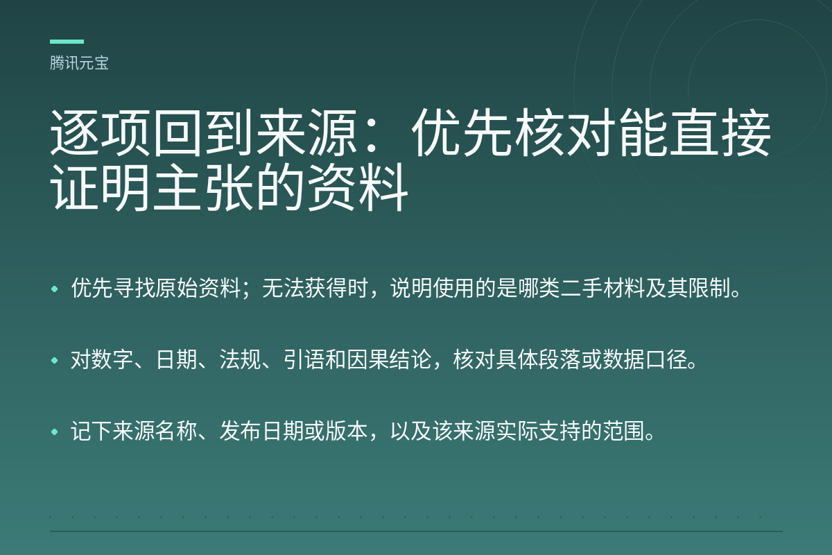 逐项回到来源:优先核对能直接证明主张的资料